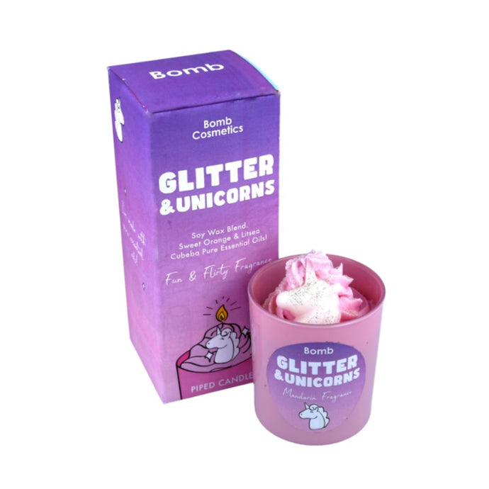 BOMB COSMETICS GLITTER AND UNICORNS PIPED GLASS CANDLE - Beauty Bar 